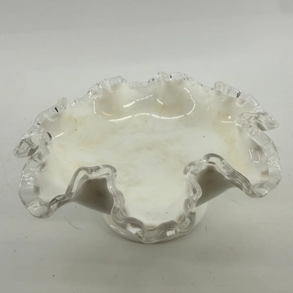 Vtg Fenton Silver Crest Milk Glass Compote Bowl Ruffled Edge Pedestal Candy Dish